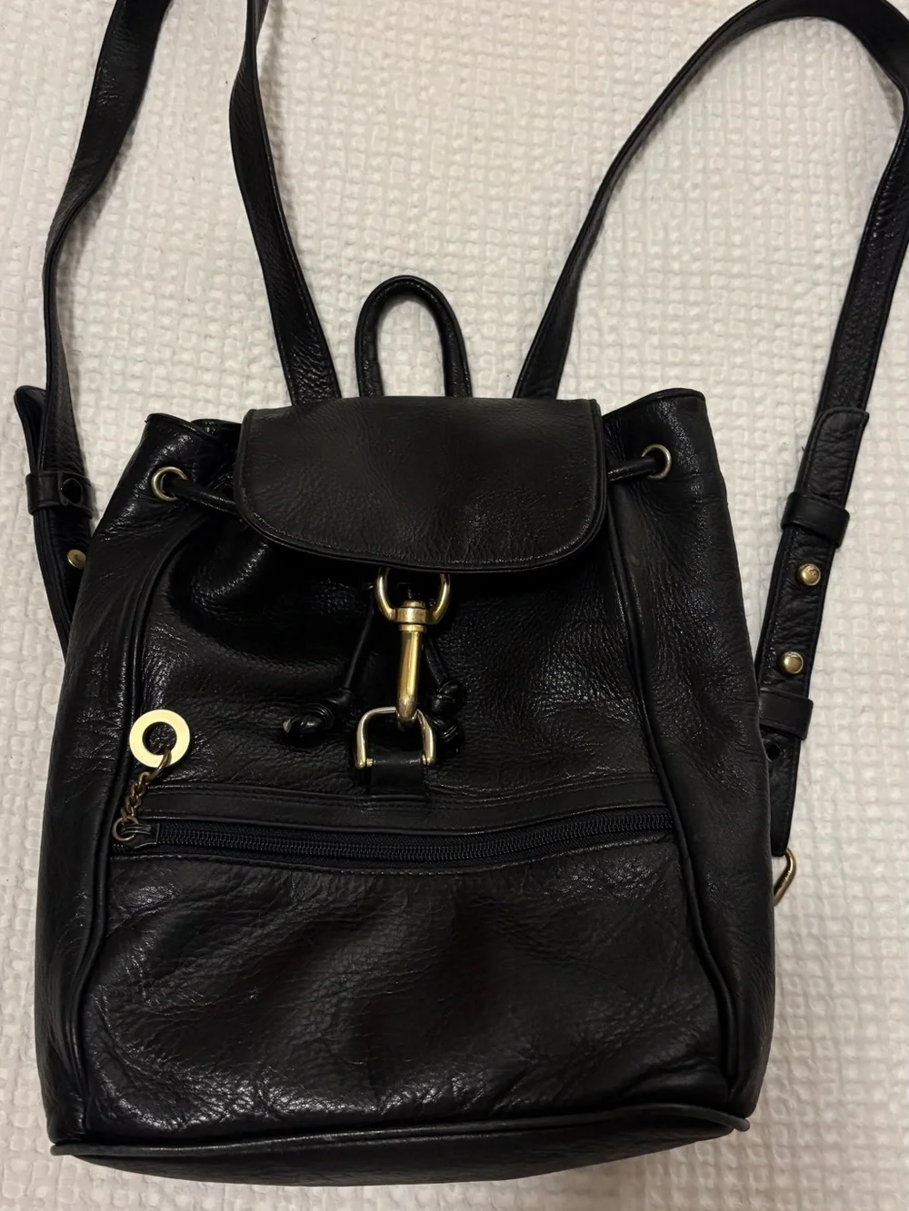 Perlina vintage Black Soft Leather Backpack with Gold Hardware